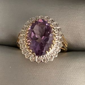 14k Two Tone Gold Diamond and Amethyst Ring Size 8